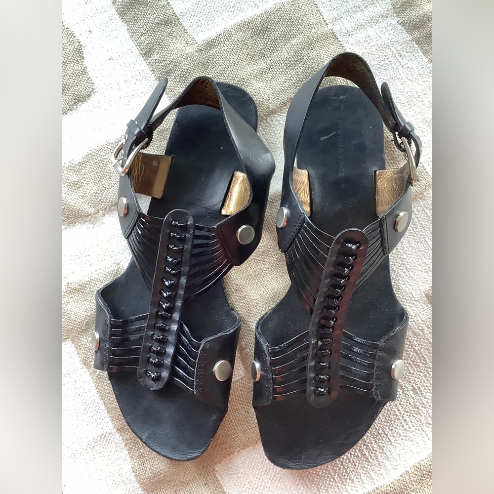 Cynthia Vincent Stylish Black Leather Sandals